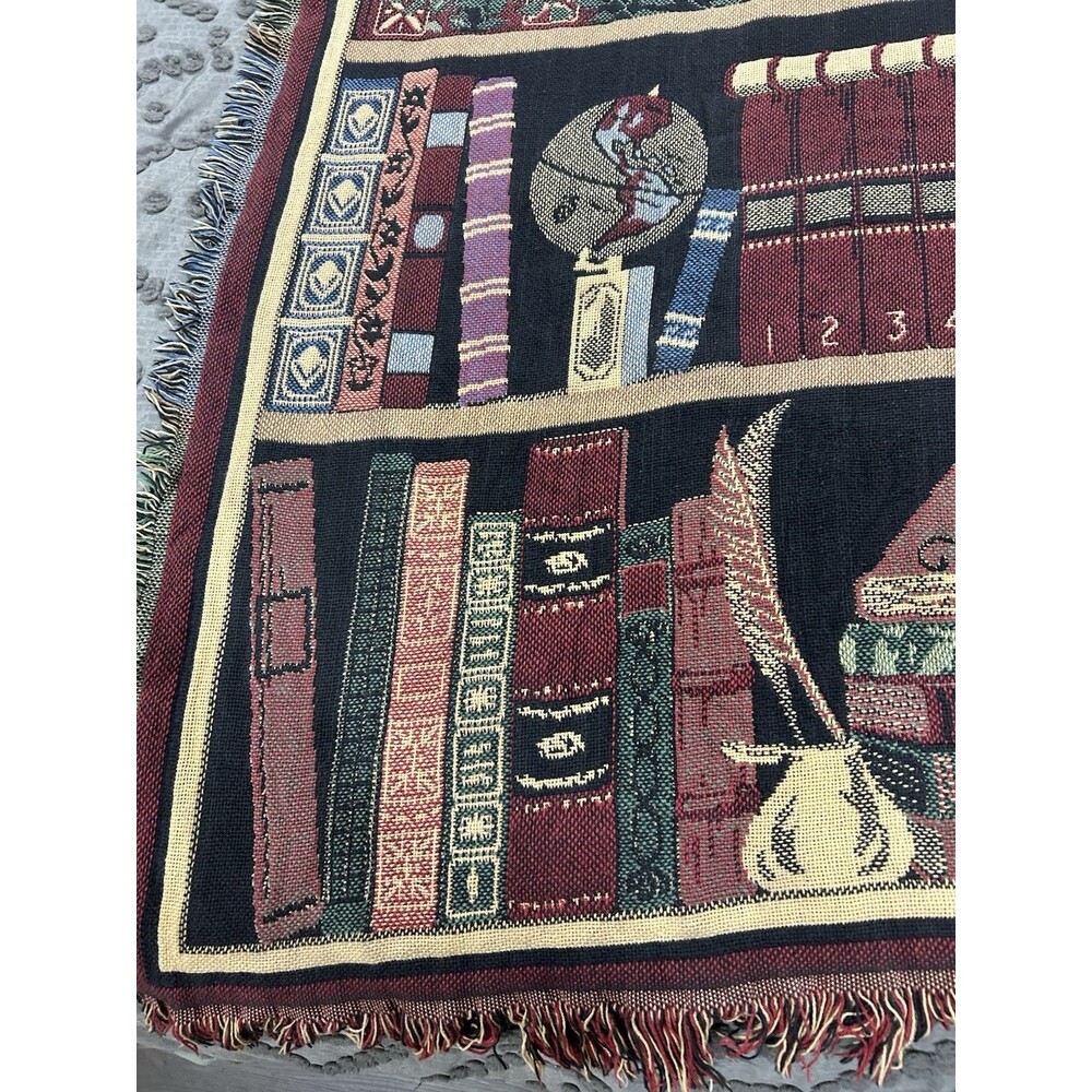 VTG Goodwin Weavers Cotton Tapestry Fringe Blanket Library Book Shelf 68”x49” - Picture 2 of 11